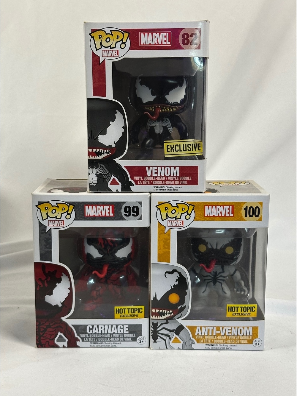 Funko Pop Marvel Venom, Carnage, and Anti-Venom Hot Topic Exclusive Set